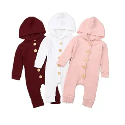 Dropshipping Baby Girls Boys Knitted Cotton Hooded Rompers Casual Long Sleeves Buttons Jumpsuits Baby Autumn Clothes Solid 0-18M