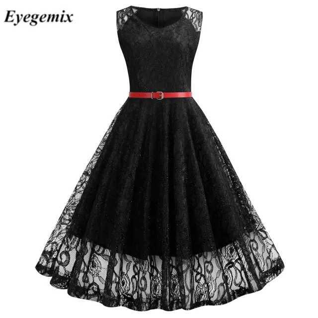 Vintage Black Floral Lace Tunic Dress Women Sleeveless V-Neck Elegant Party Sexy Dresses Retro 50s Summer Robe Big Swing Dress 1