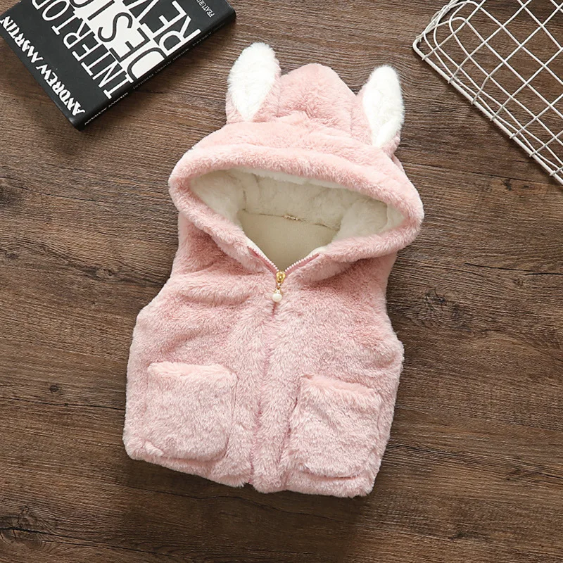 pink Thicken Fluffy Vest Girls Cute Rabbit Ear Kids Waistcoat Children Top Clothes Sleeveless Vest Soft Waistcoat Baby Girl Outerwear - Цвет: pink