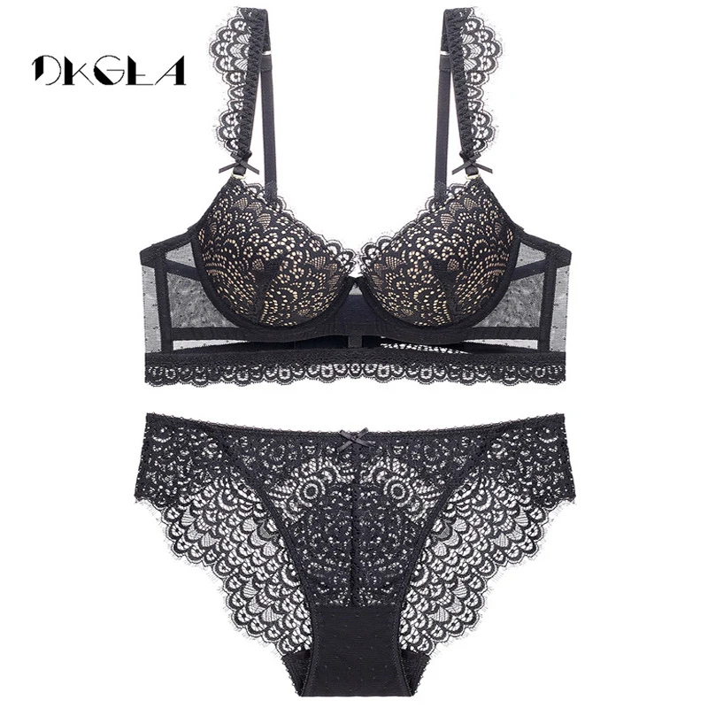  2019 New Black Sexy Bra Set Push Up Brassiere Deep V Bras Lace Lingerie Set Embroidery Eyelash Wome