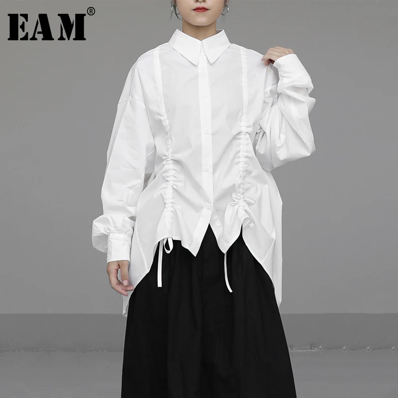 

[EAM] Women Drawstring Asymmetrical Big Size Blouse New Lapel Long Sleeve Loose Fit Shirt Fashion Tide Spring Autumn 2020 1N571