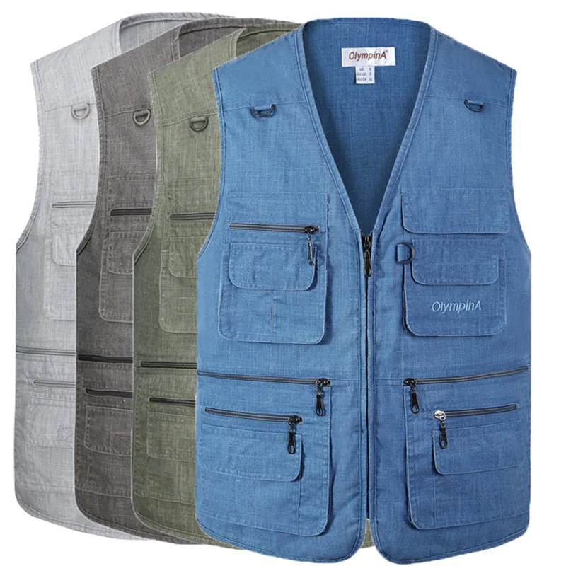 Summer Men Waistcoat Printed Outdoor Cotton Cloth Multi-pockets Photography Fishing Casual Vest Waistcoat Customizable Cotton Ve