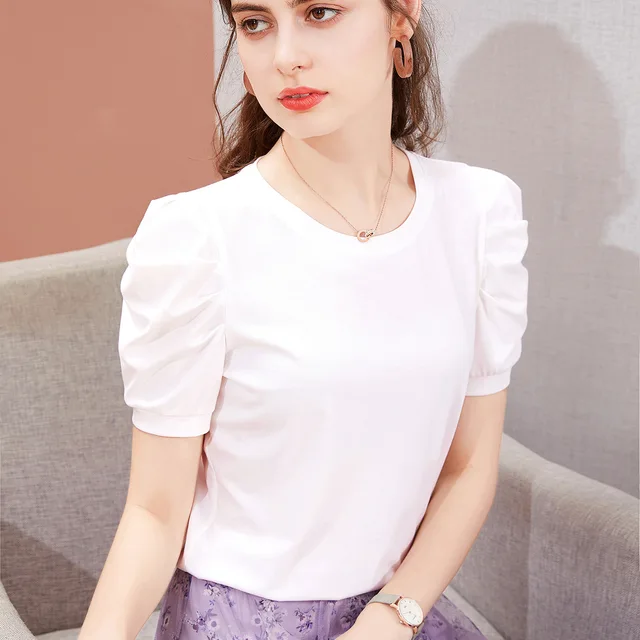 Puff Sleeve T Shirt Women Short Sleeve T-shirt Cotton 2021 Summer Tops Short Sleeve Woman Clothes Womens Korean Tee Shirt Femme White