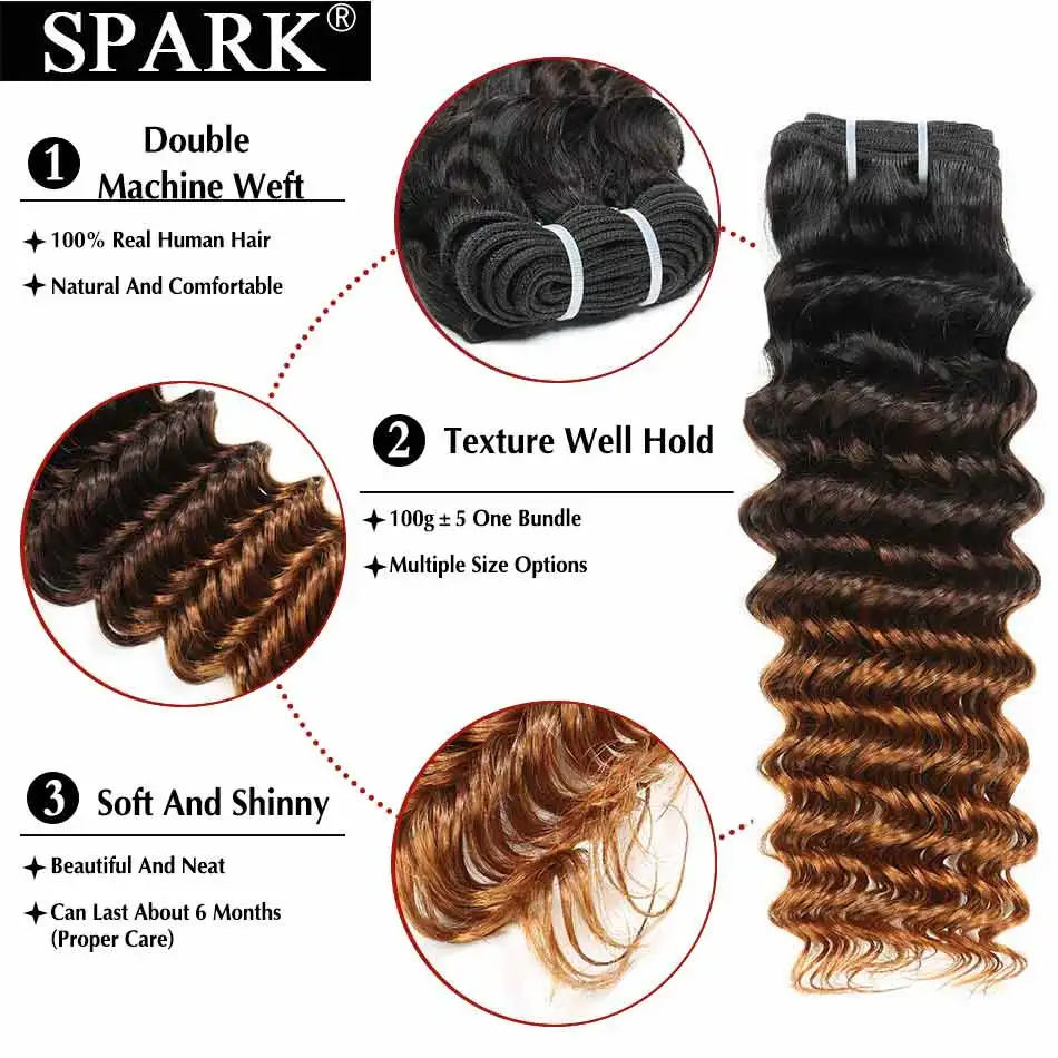 Spark Волосы remy уха до уха с закрытием 3/4 пучки бразильских волос глубокая волна человеческих волос с 1B/4/30 пучки волос