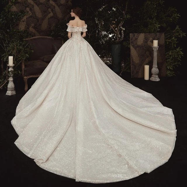 LDR29 Off-shoulder Simple Main Wedding Dress 2021 Bridal Hepburn Starry Sky Large Trailing French Style Women's Wedding Dress 2