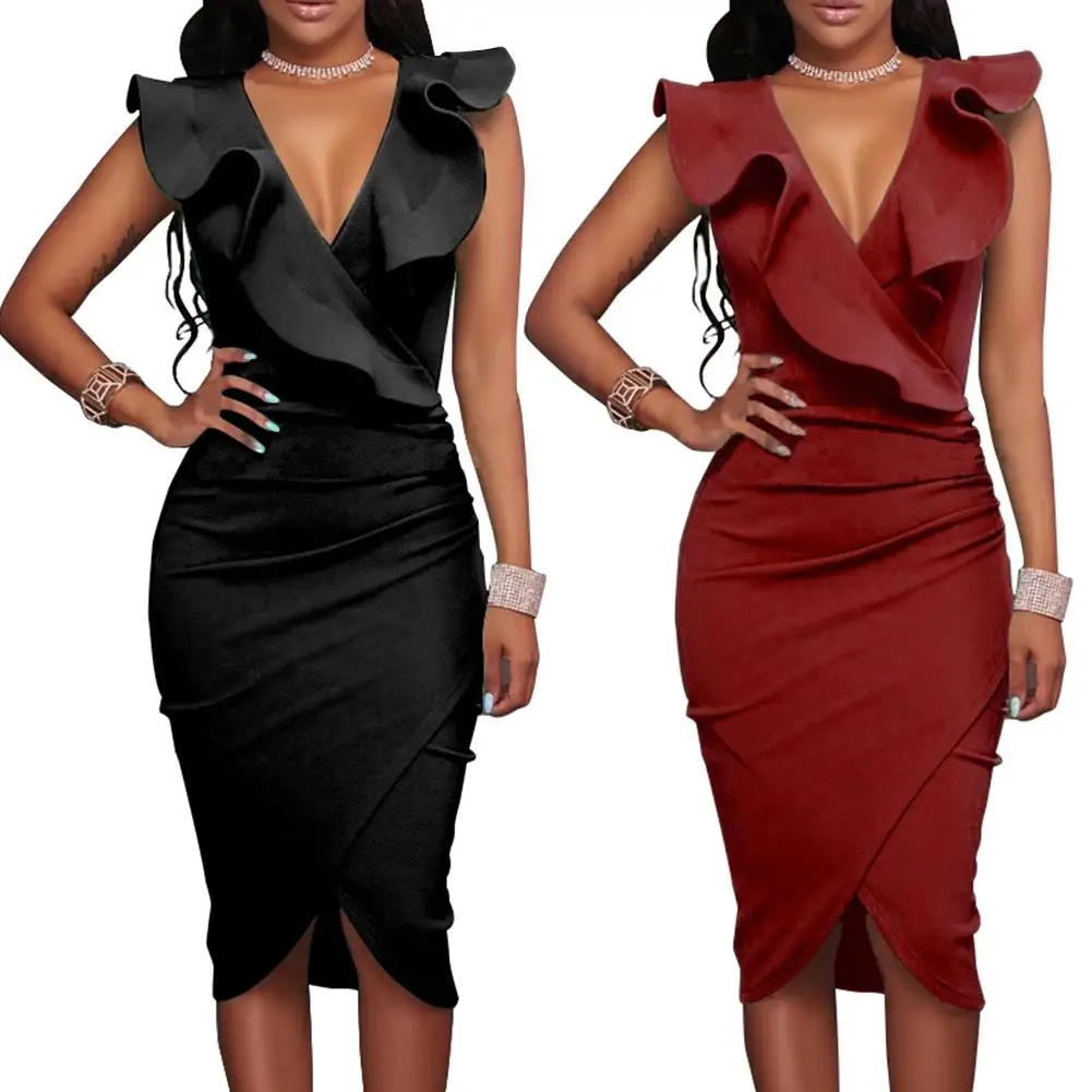 

2019 Summer Fashion Office Lady Sexy Solid Ruffled V-neck Sleeveless Split Cross Hem Bodycon Slim Party Dress Vestidos For Women