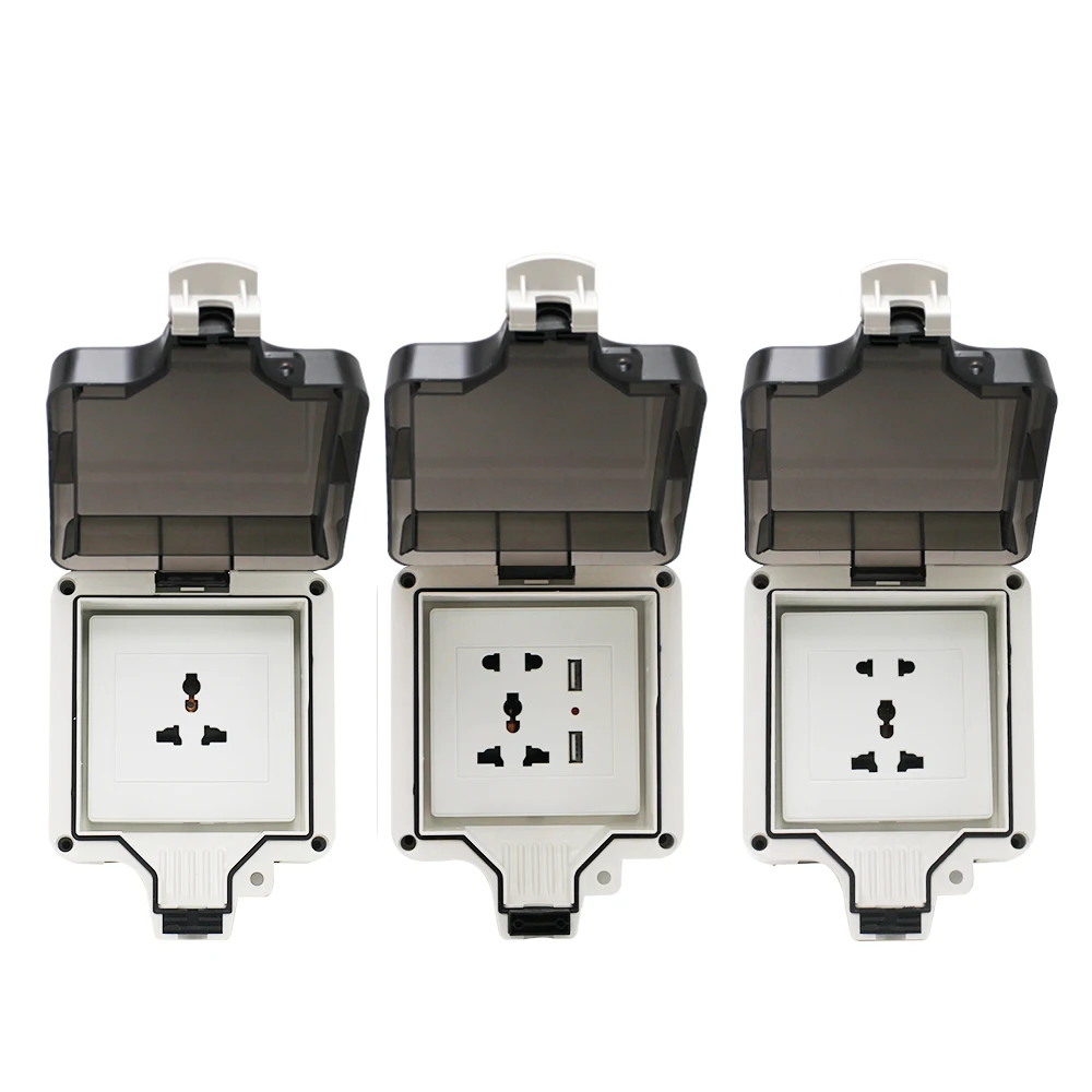 

Wall Power Waterproof Socket IP66 Weatherproof Outdoor Universal 10A Standard Electrical Outlet Grounded 110~250V USB Port