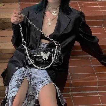 

Design Xiaozhong Pearl Single Shoulder Baguette Underarm Bag Diablo Bright Leather Rhinestone Chain Cross-body Female Bag #25