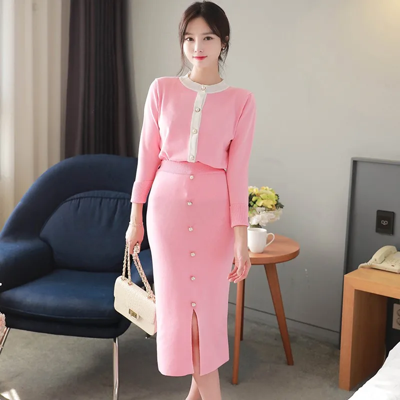 

2019 New Runway Autumn Winter Korean Full Sleeve O-neck Knitted Cardigan Sweaters + Bodycon Pencil knitting Skirts 2 Piees Set