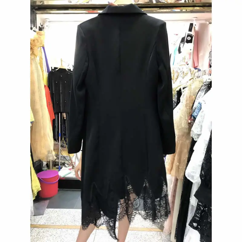 Осенний тонкий черный блейзер с длинным рукавом ткань кружева лоскутное двубортное неправильное офисное женское Повседневное платье