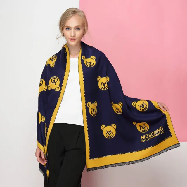 navyblue yellow Кашемировый шарф, женский толстый теплый зимний шарф, Мультяшные двухсторонние пашмины шарфы, шаль 190*70 см, накидка, рождественские подарки - Цвет: navyblue yellow