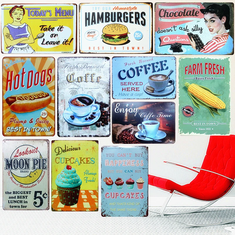 

Hamburger Tin Sign Vintage Metal Painting Retro Plaque Poster Home Bar Pub Cafe Wall Decor Chocolate Pie Coffee Art Craft A675