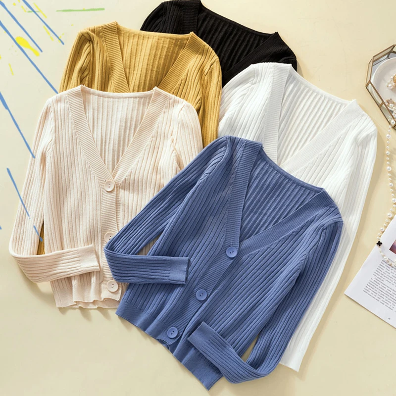 

Solid Color Women Knitted Loose Cardigans Thin Coat Spring Autumn 2019 Casual V-Neck Single Breasted Long Sleeve Knit Sweater