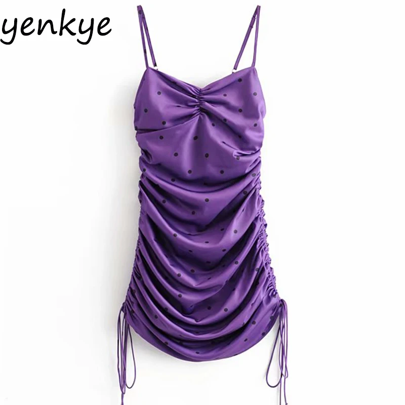 

Vintage Polka Dot Purple Sling Sexy Dress Women Drawstring Draped Bodycon Mini Dress Romantic Sleeveless Backless Party Dress