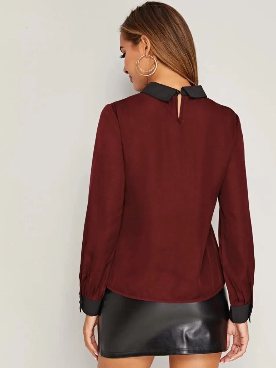 Linglewei контрастная шифоновая женская рубашка с длинным рукавом