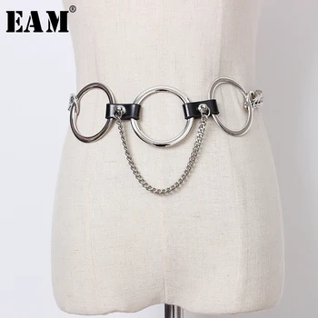 

[EAM] Pu Leather Metal Chain Circle Split Joint Belt Personality Women New Fashion Tide All-match Spring 2020 1T38301