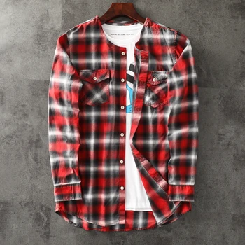 

Collarless long sleeved men plaid shirt retro vintage wild plaid shirt thin type