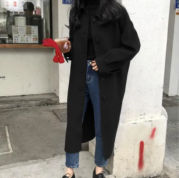 Women Woolen Coat Autumn Winter Outerwear New Fashion Single-breasted Jackets Long Large Size Black Red Coats Female