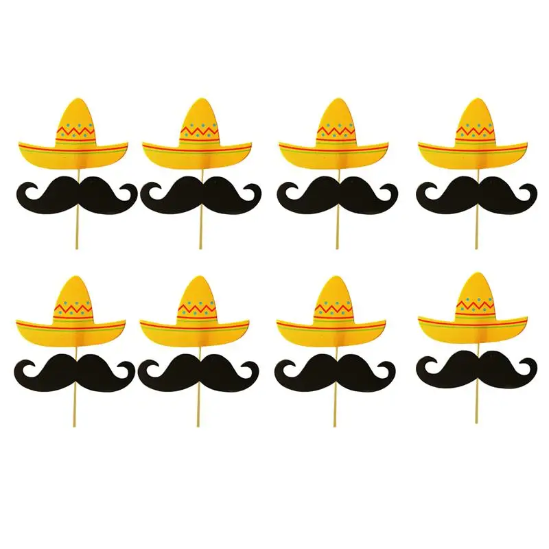 12pcs Mexican Carnival Mustache And Hat Cake Topper Baby Birthday Party Fruit Dessert Decorative Food Picks Table Decoration