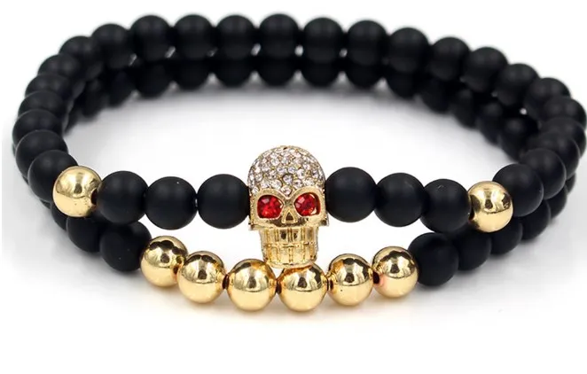 6mm 2PCS/Lot rf2 gold silver Copper cz zircon cubic zirconia elastic adjusted Charm nature stone skull agate Onyx Bracelet | Украшения и