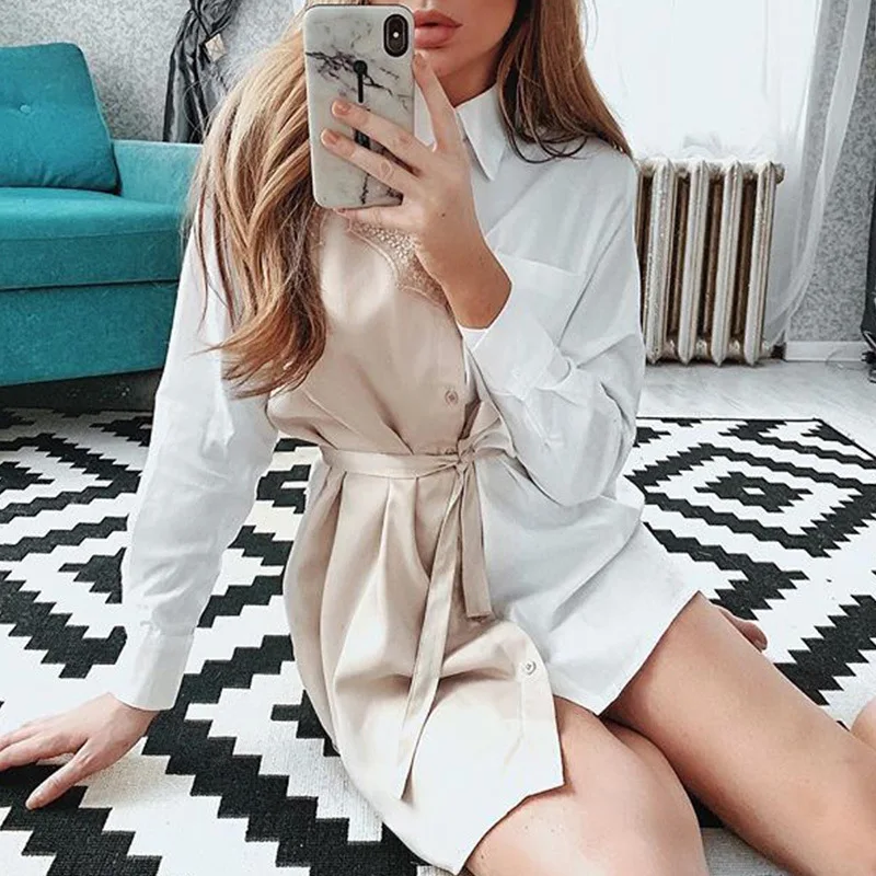 Женское офисное платье рубашка элегантное ТРАПЕЦИЕВИДНОЕ кружевное