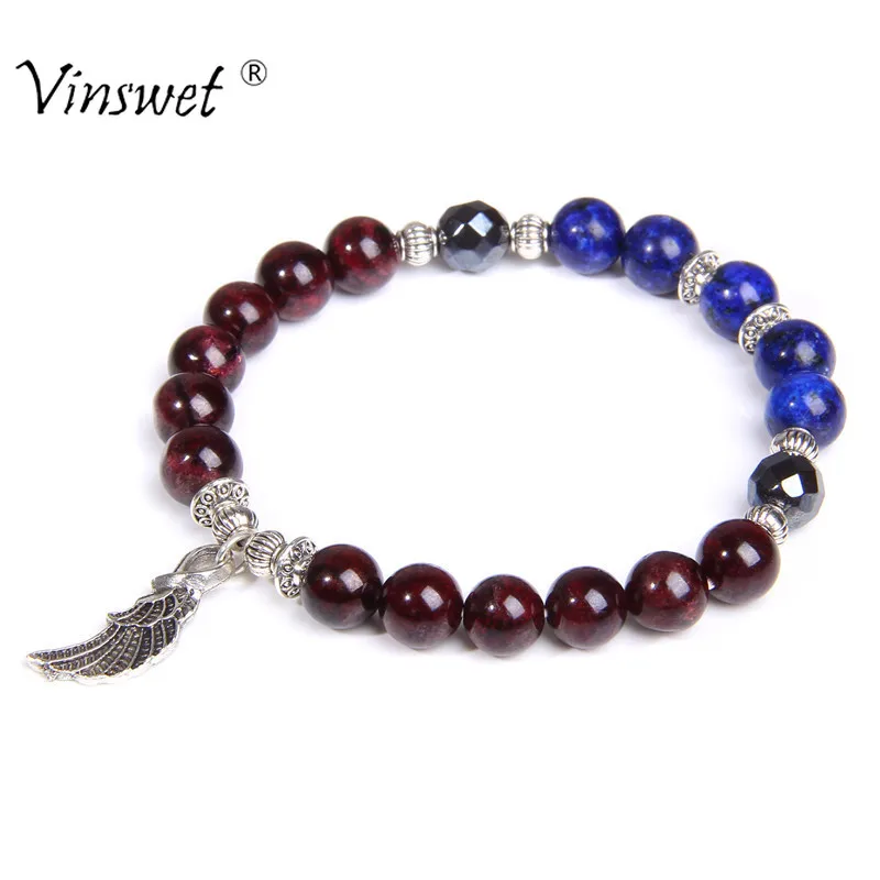 

Charm Bracelet Women Natural Garnet with Lapis Lazuli Beaded Bracelet Angel Wings Pendent Bracelet Stone Mala Beads Men Jewelry