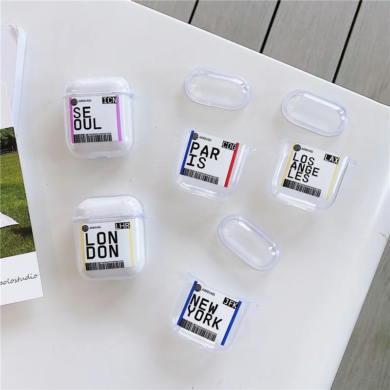 

Plane ticket headphone case for apple airpods 2 1 cover city bar code label earphone transparent soft air pod phone cases cute