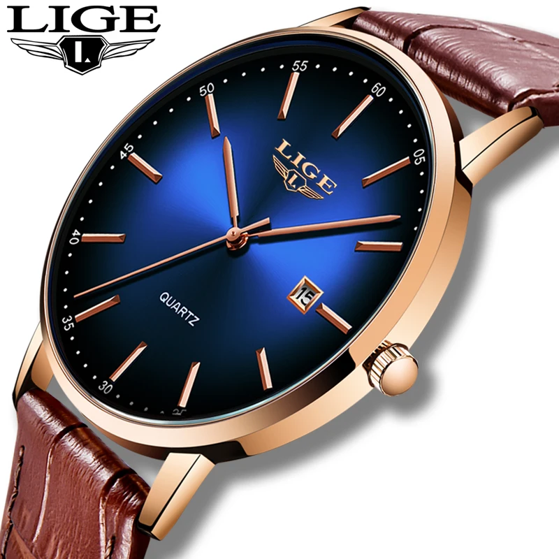 LIGE 2021 Fashion Casual Mens Watches Top Brand Luxury Leather Gold Clock Male Sport