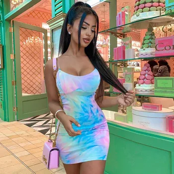 

Women Boho Printing Tie Dyeing Bandage Sundress Sling V Neck Backless Bodycon Shirt mini dress Beach Club Straps Vestidos Female