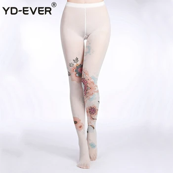 

YD-EVER print flower 9 women tights Cotton Jacquard Pantyhose brand fashion Thin Spring Autumn Tattoo Colored Printed Hosiery