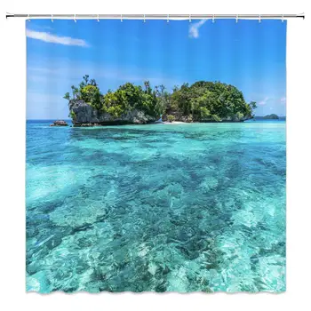 

Blue Ocean Shower Curtain Natural Decor Tropical Islands Bathroom Curtain Machine Washable Waterproof with Hooks 70x70Inches