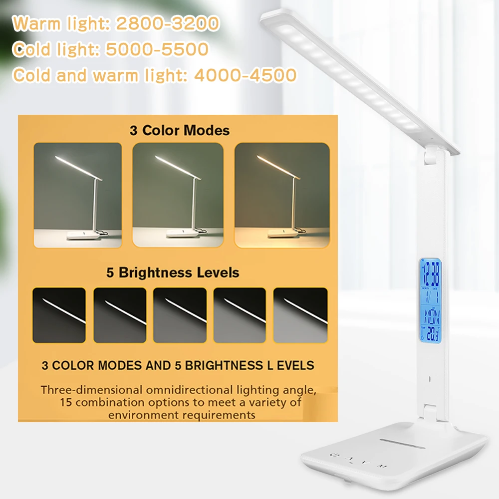 Lâmpada de Mesa com Calendário Proteger para Estudo Luz da Mesa de Carregamento sem Fio Despertador Temperatura Lâmpada Modestável Olho Escritório Led 3 11 Luz da mesa de carregamento sem fio