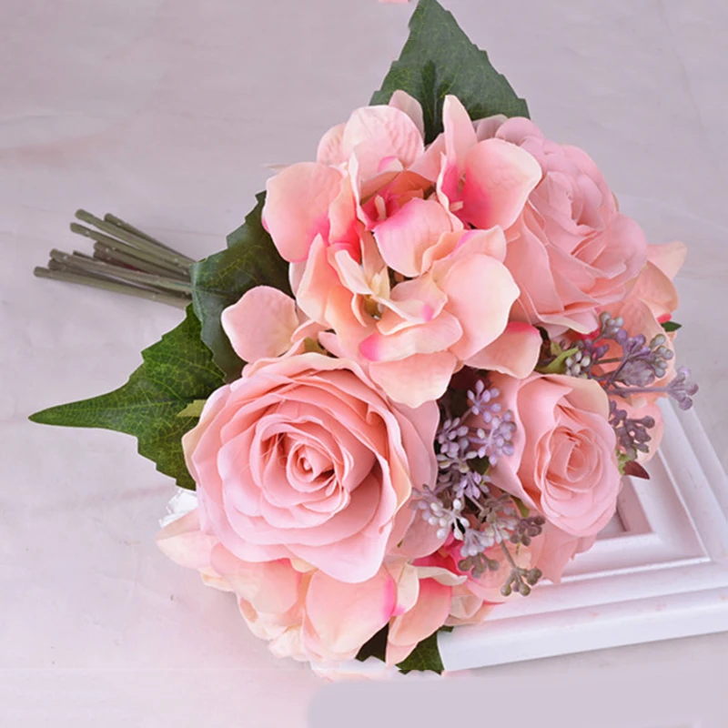 New Artificial Rose Flower Bouquet Floral Desktop Bridal Hydrangea Wedding Decor