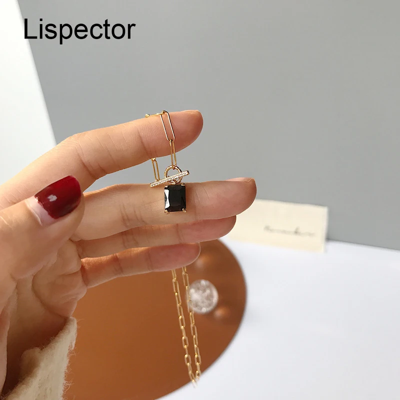 

Lispector 925 Sterling Silver Korean Black Zircon Square Pendant Necklace for Women Minimalist Chain Necklaces Female Jewelry