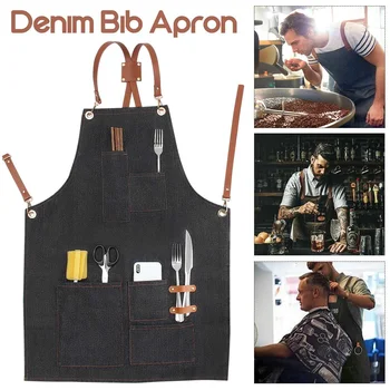 

Adjustable Denim Apron Kitchen Cooking Apron Chef Waiter Cafe Shop BBQ Hairdresser Tool Pockets Fit Woman Men