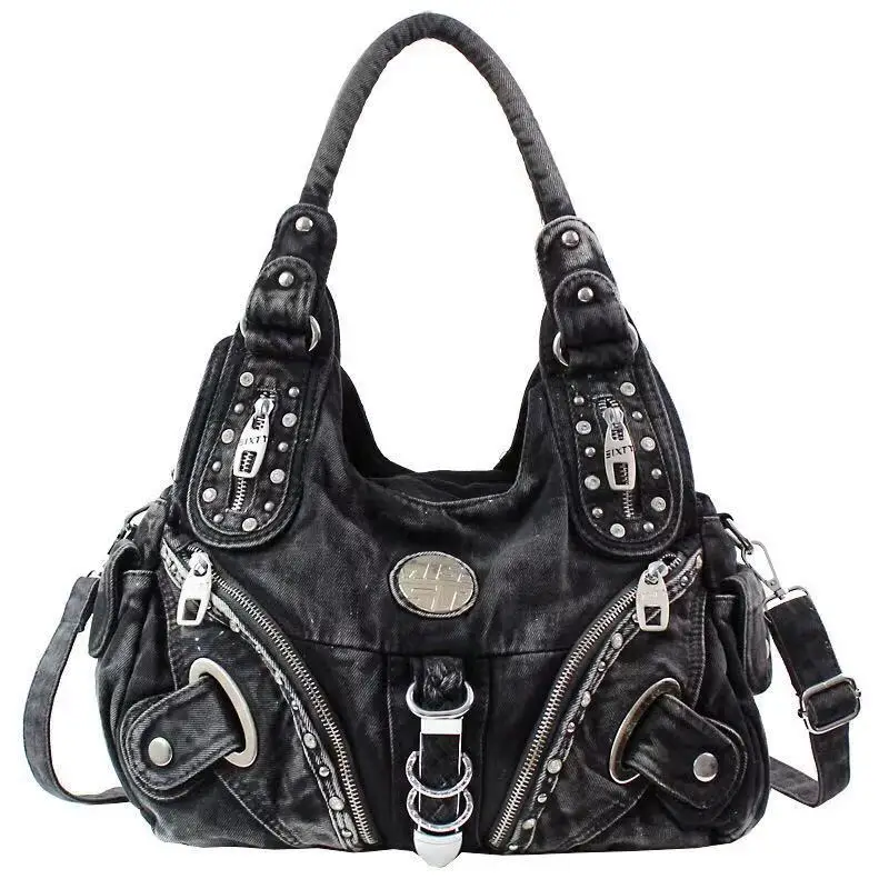 

Luxury Washed Shoulder Bags for Women 2019 Classic Fashion Motorcycle Soft Handbags Canvas cowboy Shoppin Bag Chic Crossbody Bag