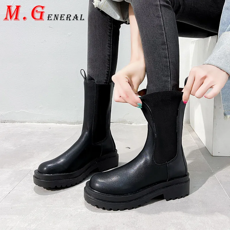 Luxury Winter Boots Women Platform Leather Boots Female Women Shoes Womens Chunky Chelsea Boots Slip on Women's Flat Shoes D34