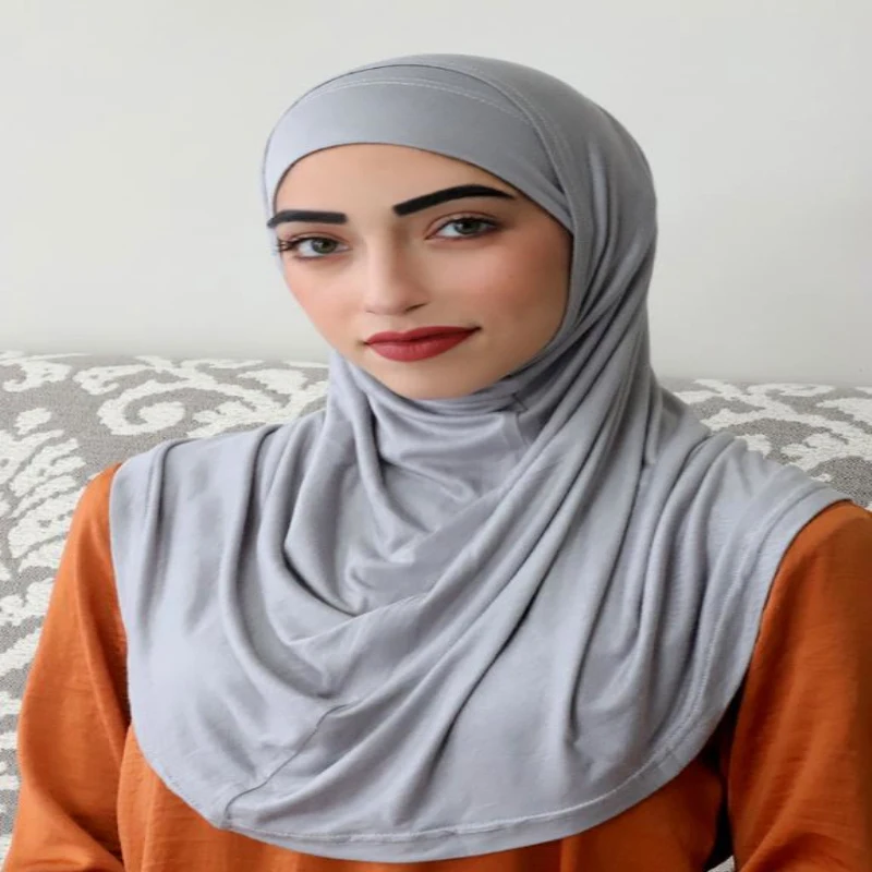 Muslim Headwear Head Scarf Hijab Headscarf Female Head Wraps H037 Cotton Jersey Plain Two Pieces Pull on Hijab Islamic Scarf Head Wrap Pray Scarves