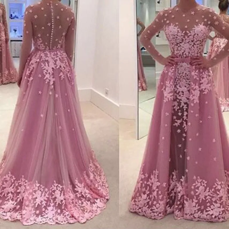Real 2018 Arabisch Roze Lange Mouwen avondjurk Met Afneembare Train O Hals Sexy Illusion Terug moeder van de bruid jurken Real 2018 Arabisch Roze Lange Mouwen avondjurk Met Afneembare Train O Hals Sexy Illusion Terug moeder van de bruid jurken