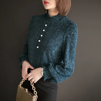 

Lace Ruffle Neck Half Turtleneck Sweet Blouse Shirt Women Chemise Femme Embroidery Elegant Pullover Blusa Femininas Casual Top