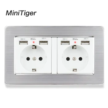 

Minitiger 2 Gang Russia Spain EU Standard Wall Socket With 4 USB Charge Port Hidden Soft LED Stainless Steel Brushed Panel