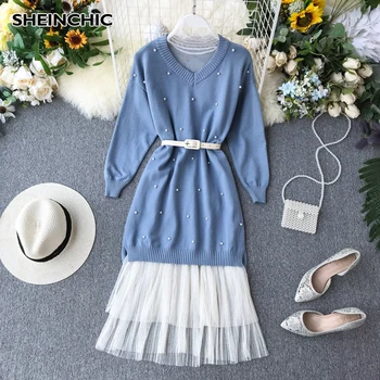 

Vintage Women Pearl Sweater+Lace Dress 2pcs Sweet Suit Beading Blue/Black/Green Female Fall/Winter 2pcs Casual Knit Dress Female