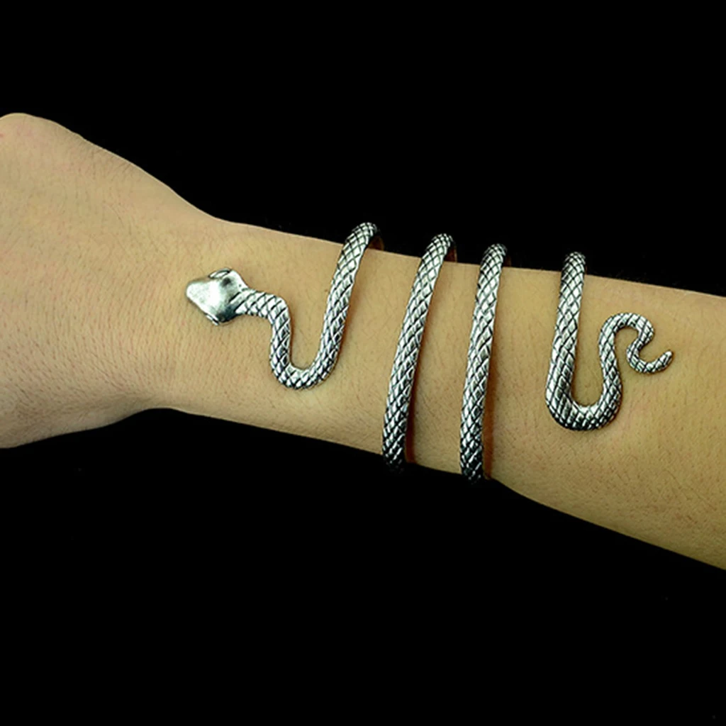 Vintage Curved Carved Snake Open Bangle silver color Cuff Punk Bracelet Funny Scary Novelty Fashion Jewelry for Men Women 