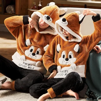 

Flannel Pajamas for Women's Set Warm Winter Ladies Sleepwear 2 Pieces Mujer Pijama Hooded Cute Cartoon Animal Costume Halloween