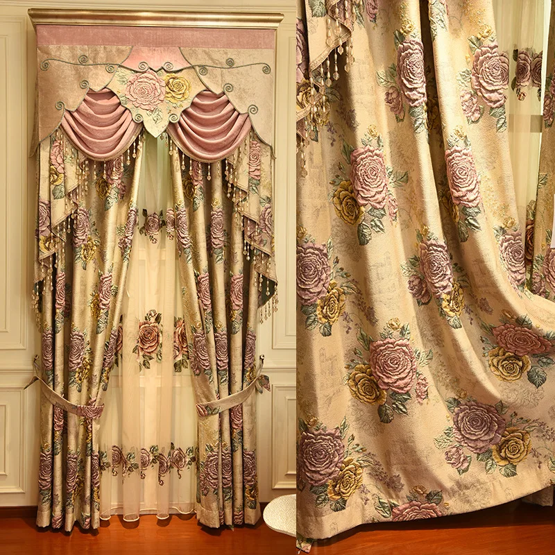 

Beige luxury 4D jacquard full blackout decorative curtains for living room high quality embroidered Voile Curtain for bedroom