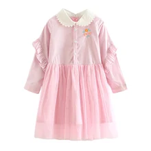 Осеннее Сетчатое платье с длинными рукавами и цветочным принтом в полоску для маленьких девочек, От 2 до 9 лет, Детский сарафан для малышей