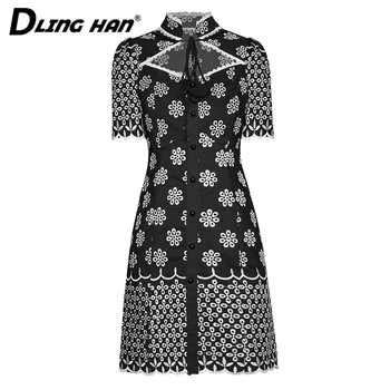 

DLINGHAN Vintage Stand collar Hollow Out Dress elegant Floral Embroidery Short sleeve Dresses Designer Summer New