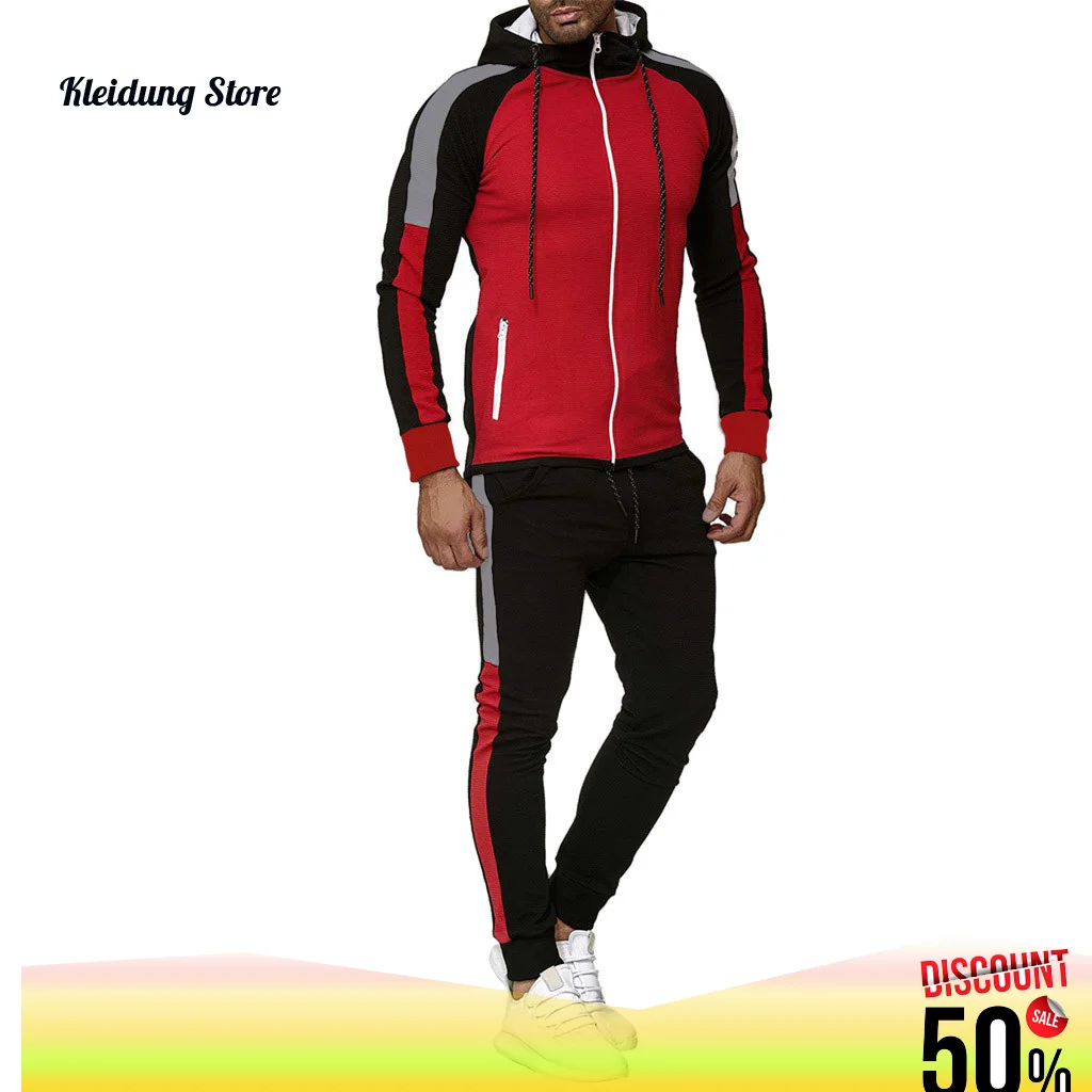 

Hoodies Men Print Casual Harajuku Gradient color Hooded Fleece zipper Jacket Sweatshirt Sweatpants Suit 2pcs