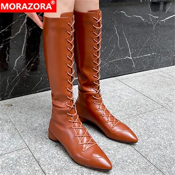 

MORAZORA 2021 Genuine Leather Boots Low Heel Pointed Toe Autumn Winter Women Boots Fashion Lace Up Knee High Boots