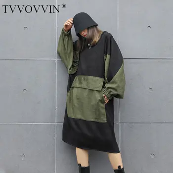 

TVVOVVIN Loose Patchwork Pocket Dress Women 2020 Autumn Casual Fashion New Style Temperament Batwing Sleeve Dress GCC4081